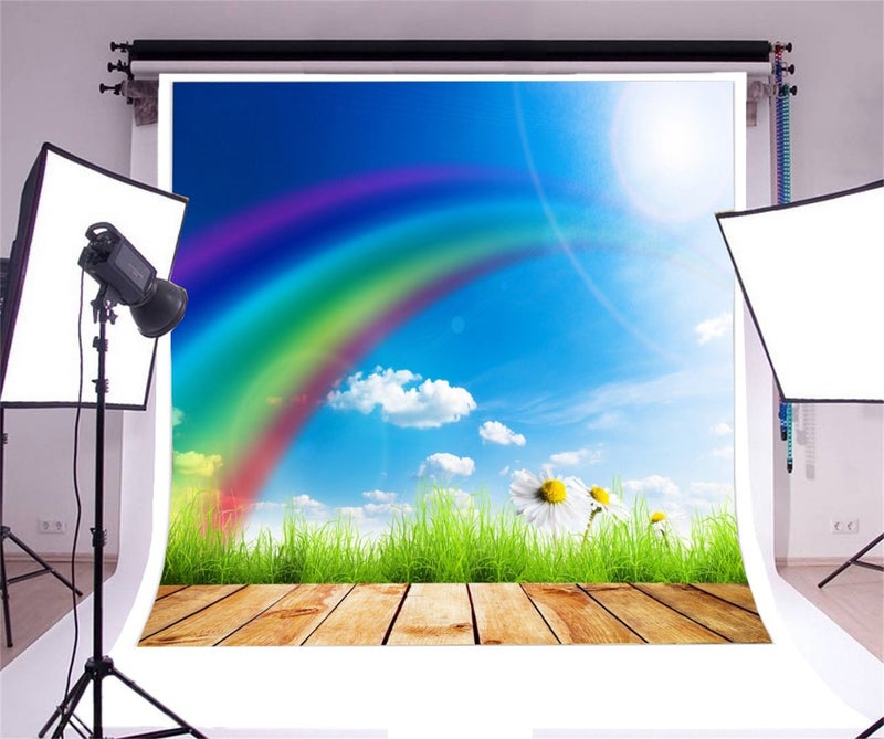 AOFOTO 5x5ft Spring Sunny Photography Backdrop Rainbow Green Grass Background Blue Sky White Cloud Floret Flower Newborn Toddler Kid Baby Girl Boy Artistic Portrait Photo Studio Props Easter Wallpaper - Image 2